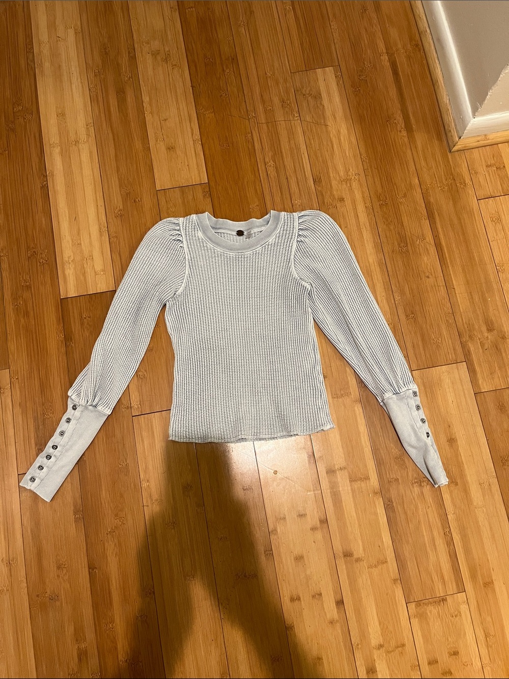 Free People Light Gray Ribbed Puff-Sleeve Sweater with Button Cuffs